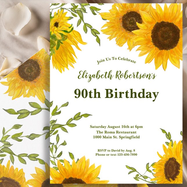 Watercolor Sunflowers Women's 90th Birthday  Invitation (Creator Uploaded)