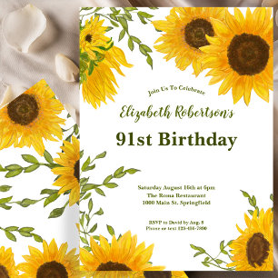 Watercolor Sunflowers Women's 91st Birthday Invitation