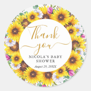 Watercolor Sunflowers Wreath Baby Shower Classic Round Sticker
