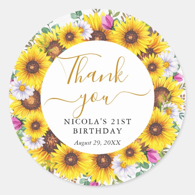 Watercolor Sunflowers Wreath Birthday Classic Round Sticker (Front)