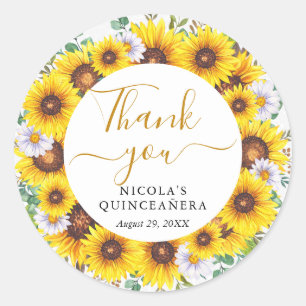 Watercolor Sunflowers Wreath Quinceanera Classic Round Sticker