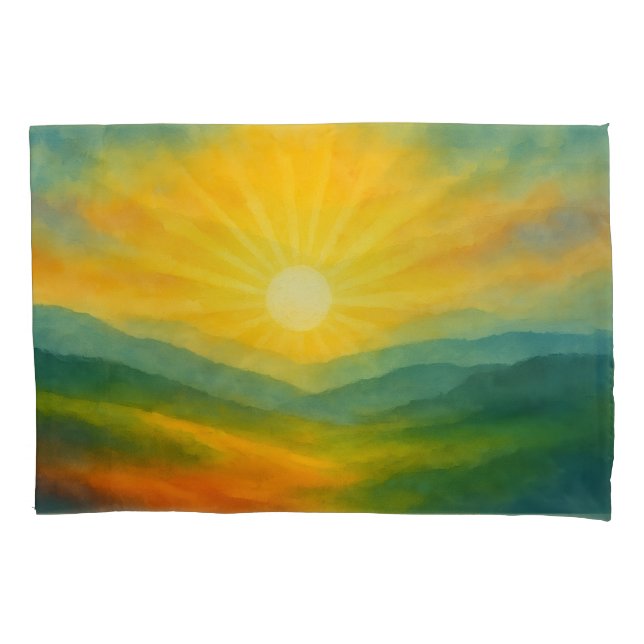 Watercolor Sunrise Landscape Painting Pillowcase (Front)