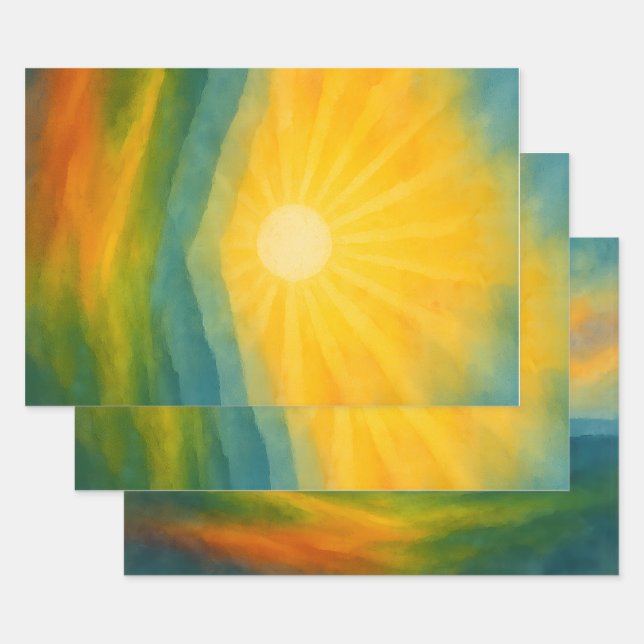 Watercolor Sunrise Landscape Painting Wrapping Paper Sheet (Set)