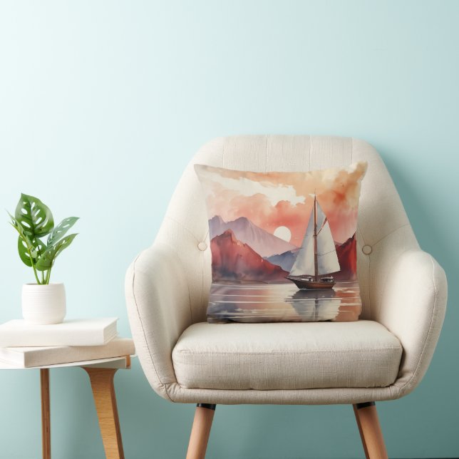 Watercolor Sunrise With Yacht Cushion (Chair)