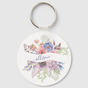 Watercolor sunset floral personalised  key ring