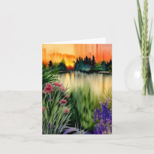 Watercolor sunset garden pond customisable card