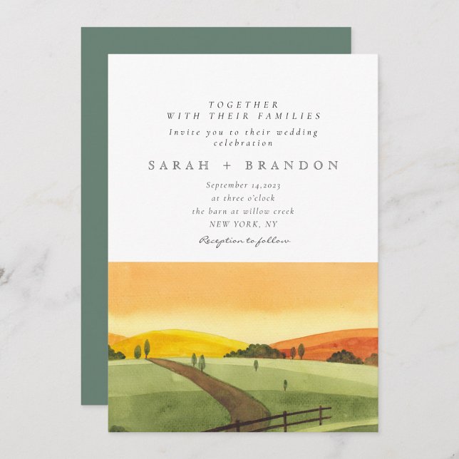 Watercolor Sunset  Green field wedding invitation (Creator Uploaded)