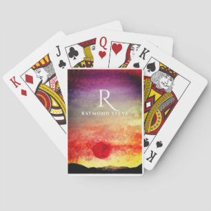 Watercolor Sunset Mountains Monogrammed Playing Cards