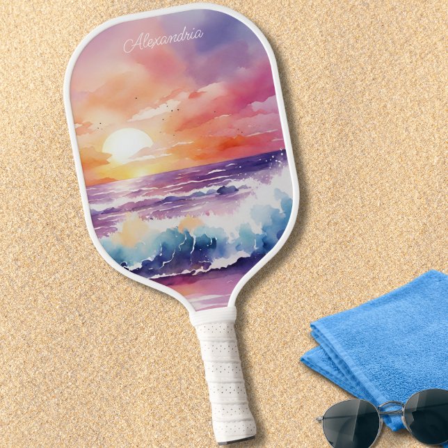 Watercolor Sunset on the Beach Monogram  Pickleball Paddle (Creator Uploaded)