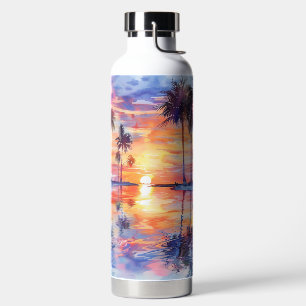 WATERCOLOR SUNSET ON TROPICAL BEACH BY OCEAN WATER BOTTLE