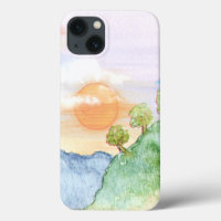 Watercolor Sunset over Mountains & Trees