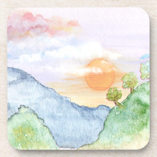 Watercolor Sunset over Mountains & Trees Coaster