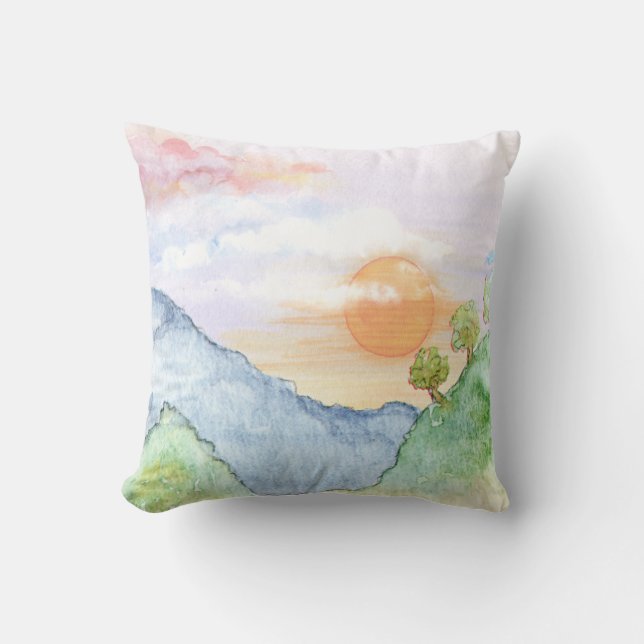 Watercolor Sunset over Mountains & Trees Cushion (Front)