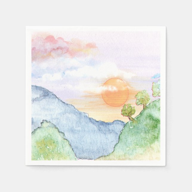 Watercolor Sunset over Mountains & Trees  Napkin (Front)