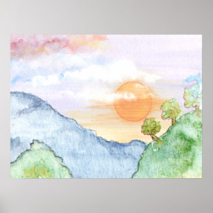 Watercolor Sunset over Mountains & Trees Poster