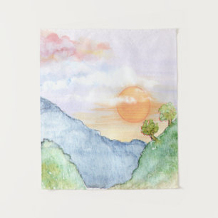 Watercolor Sunset over Mountains & Trees Tapestry