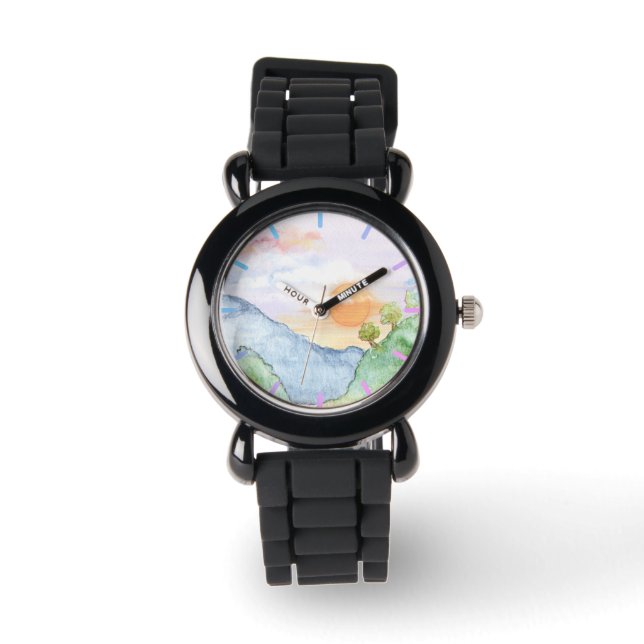 Watercolor Sunset over Mountains & Trees   Watch (Front)