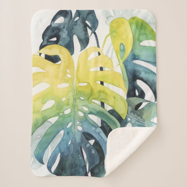 Watercolor Sunset Palm Tree Leaves Sherpa Blanket (Front)