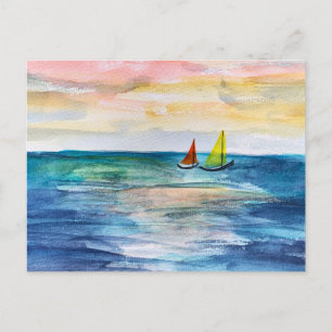 Watercolor Sunset with Sailing Boats Holiday Postcard