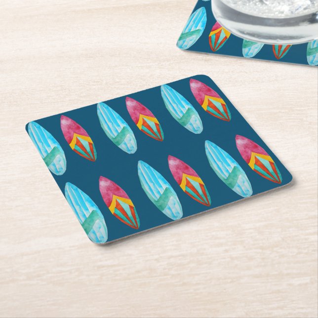 Watercolor Surfboard Pattern Square Paper Coaster (Angled)