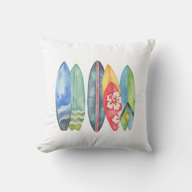 Watercolor Surfboard Throw Pillow (Front)