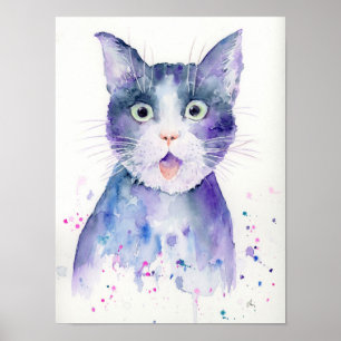 Watercolor Surprised Cat Portrait Poster