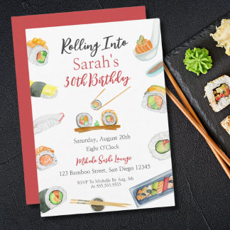 Watercolor Sushi and Sashimi Any Age Birthday Invitation