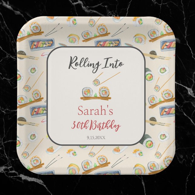 Watercolor Sushi and Sashimi Any Age Birthday Paper Plate (Creator Uploaded)