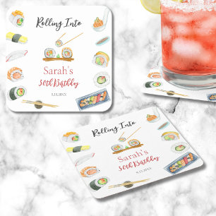 Watercolor Sushi and Sashimi Any Age Birthday Square Paper Coaster