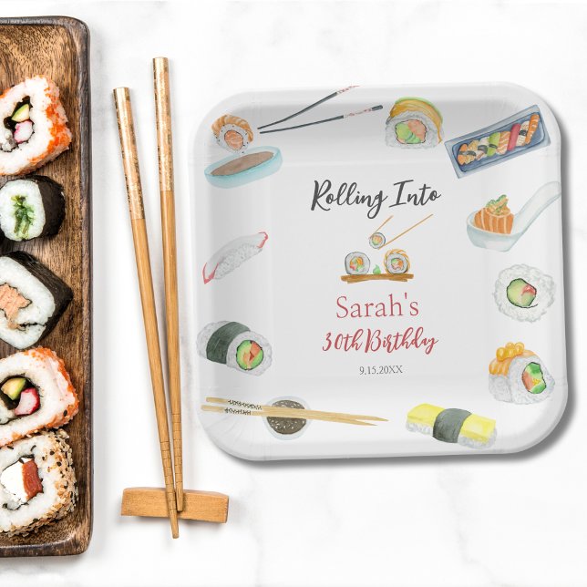 Watercolor Sushi and Sashimi Birthday White Paper Plate (Creator Uploaded)