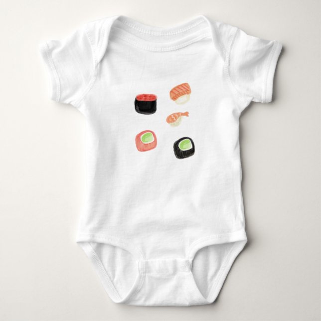 Watercolor Sushi Cucumber Rolls Baby Bodysuit (Front)