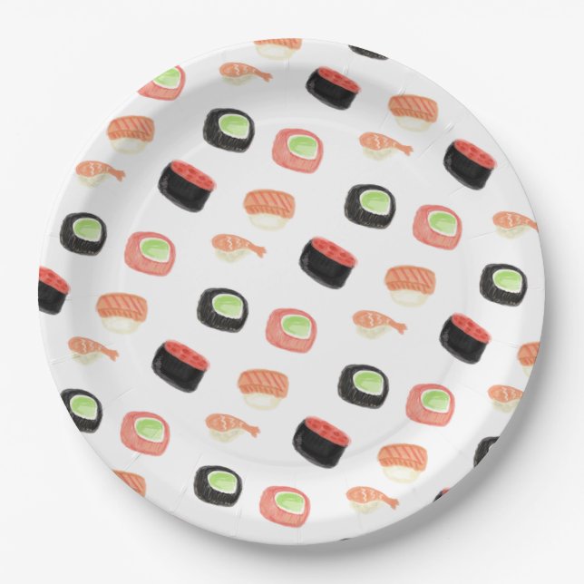 Watercolor Sushi Party Hibachi Sushi Rolls Paper Plate (Front)