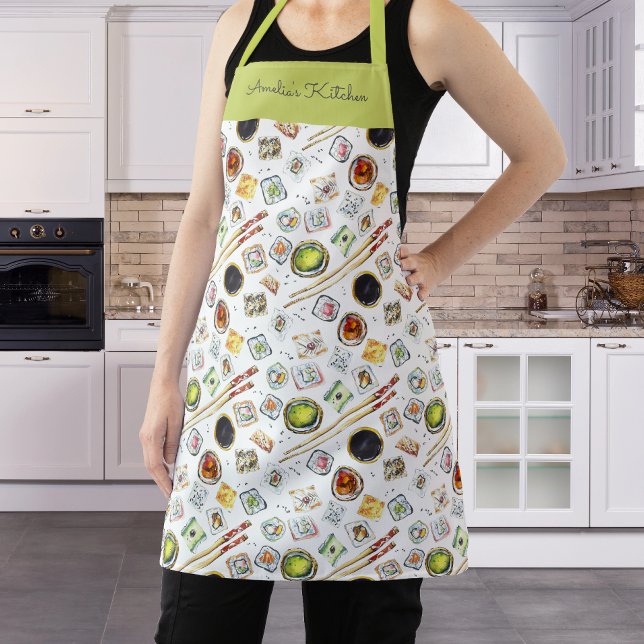Watercolor Sushi Pattern White Green Apron (Creator Uploaded)