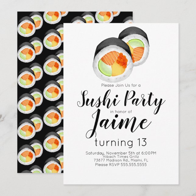 Watercolor Sushi Teen Birthday Hibachi Food Invitation (Front/Back)