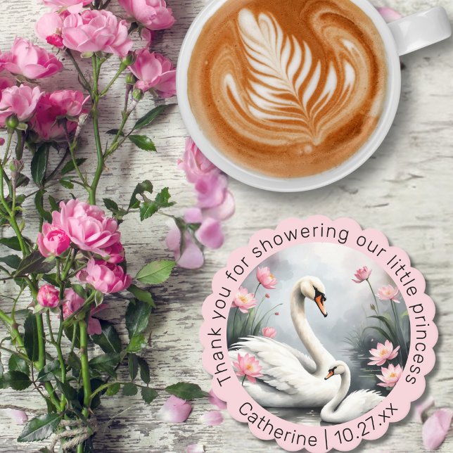 Watercolor Swan Lake Pink Lotus Floral Baby Shower Paper Coaster (Creator Uploaded)