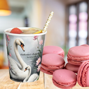 Watercolor Swan Lake Pink Lotus Floral Baby Shower Paper Cups