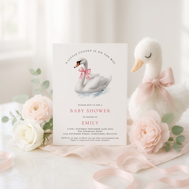 Watercolor Swan Pink Bow Baby Shower Invitation (Creator Uploaded)