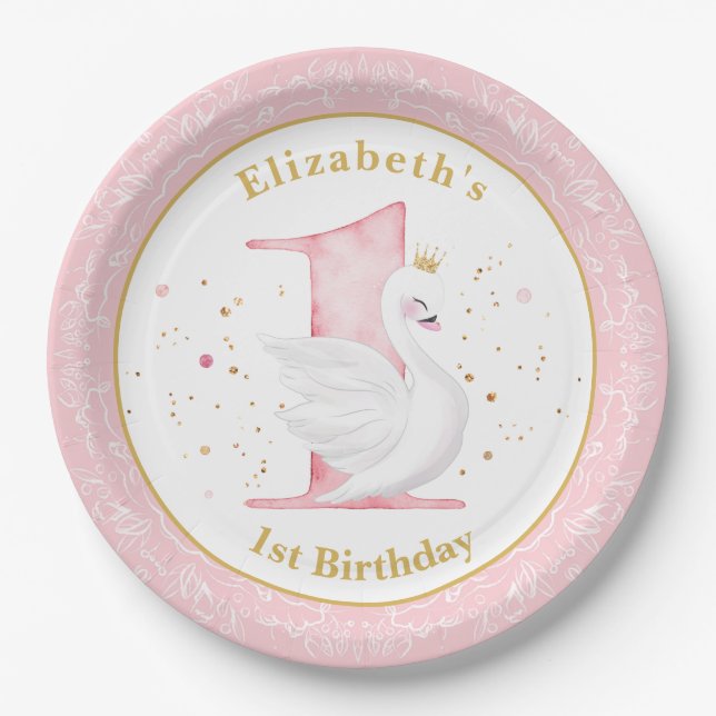 Watercolor Swan Princess 1st Birthday Paper Plate (Front)