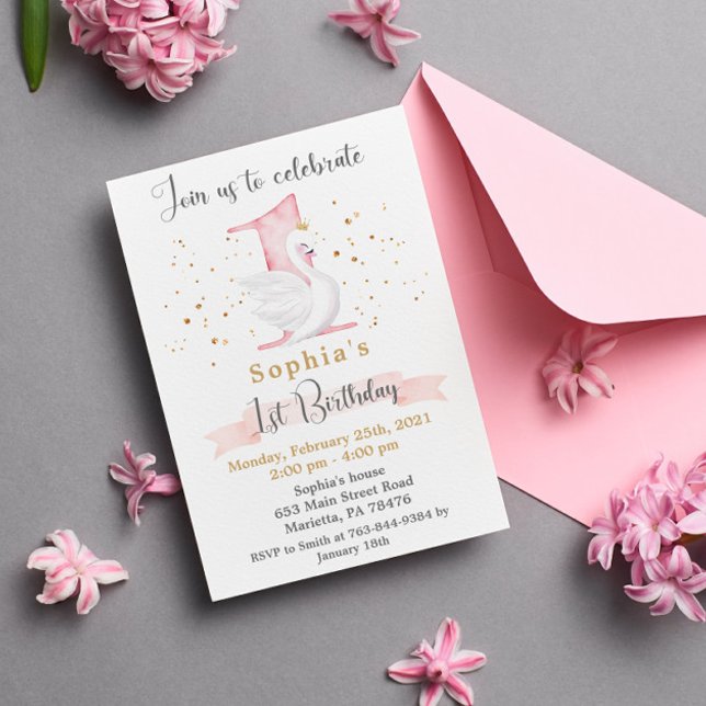 Watercolor Swan Princess 1st Birthday Party Invitation (Creator Uploaded)