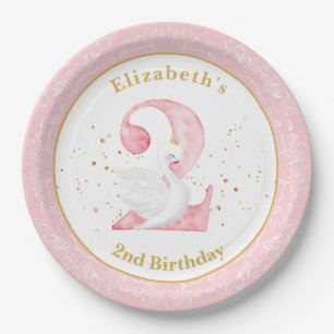 Watercolor Swan Princess 2nd Birthday Paper Plate