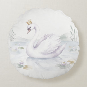 Watercolor Swan Princess Round Decorative Pillow
