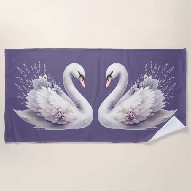 Watercolor Swan with Lavender Florals Beach Towel (Front)
