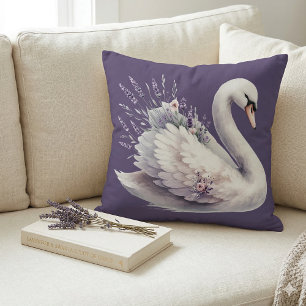 Watercolor Swan with Lavender Florals Cushion
