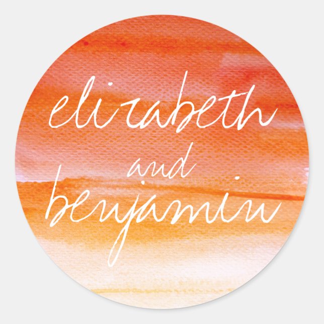 watercolor swash orange wedding classic round sticker (Front)