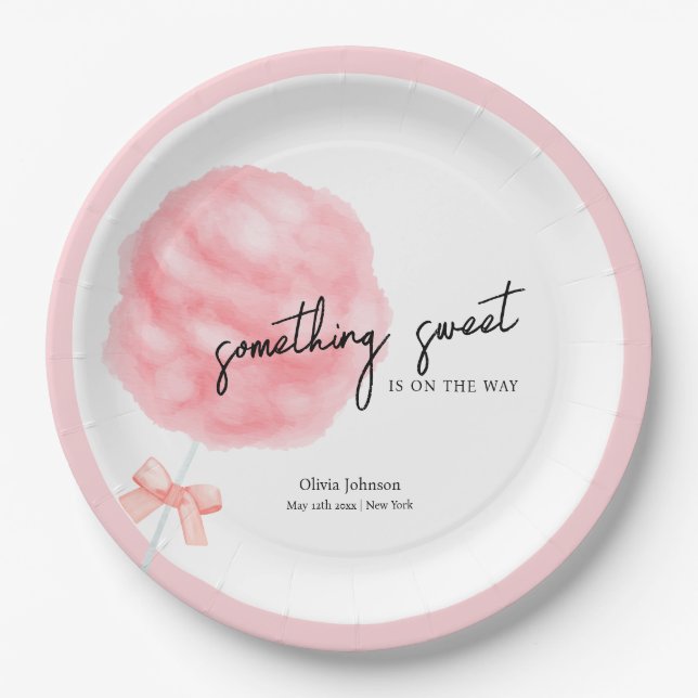 Watercolor Sweet Bow Cotton Candy Baby Shower Paper Plate (Front)