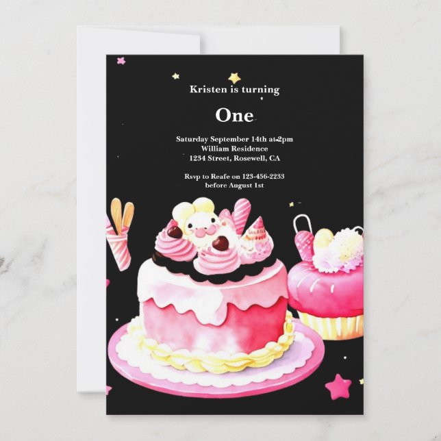Watercolor Sweet Cake 1st Birthday Invitation (Front)