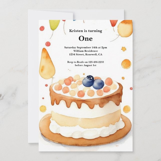 Watercolor Sweet Cake 1st Birthday Invitation (Front)