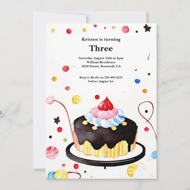 Watercolor Sweet Cake Birthday Invitation (Front)