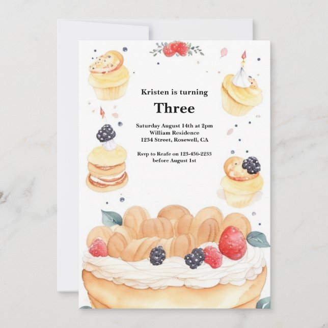 Watercolor Sweet Cake Birthday Invitation (Front)