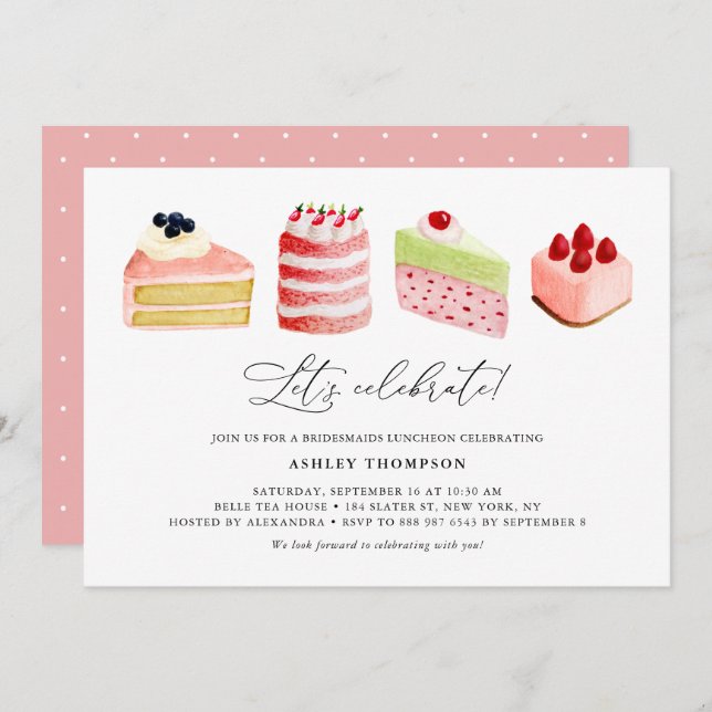 Watercolor Sweet Cakes Bridesmaids Luncheon Invitation (Front/Back)